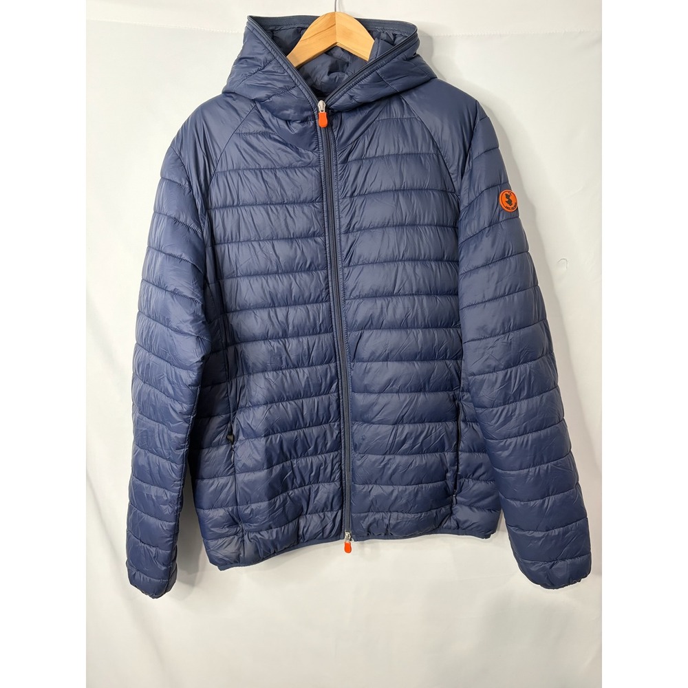 Save The Duck Ultra Light Puffer Jacket Mens XL Navy Packable Hooded PlumTech